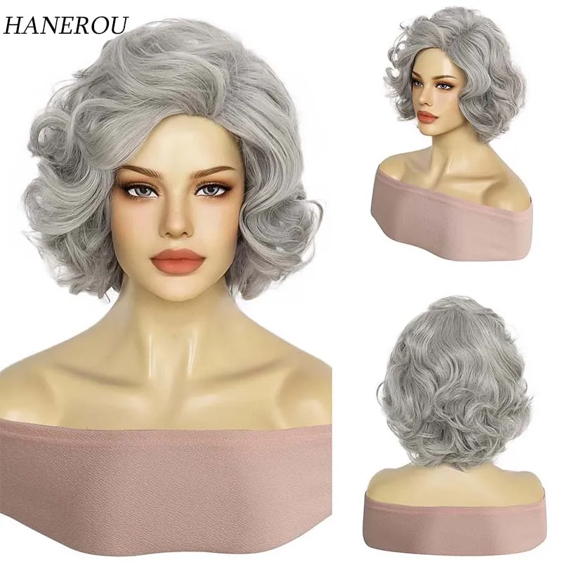 

Synthetic Silver Grey Curly Wig Short Bob Wigs With Side Parting Bangs for Women Grandma Cosplay Costume Party Use Fake Hair