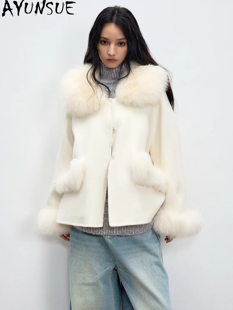 AYUNSUE Double-Faced Wool Coat Womens Winter Woolen Outerwear Real Fox Fur Collar Mid-Length Clothes Loose Abrigos Para Mujer
