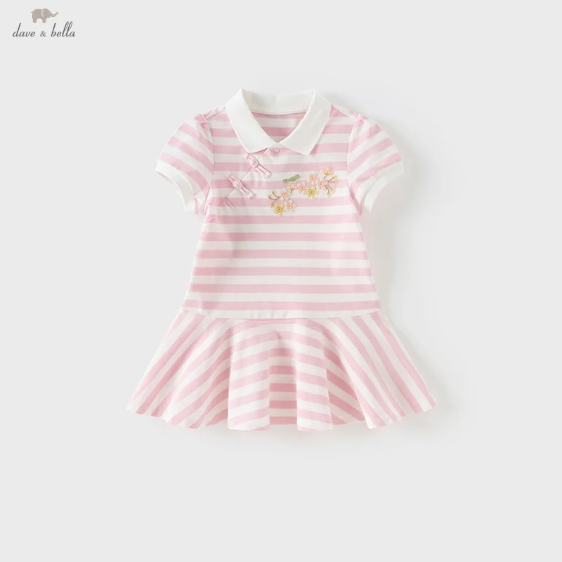 

Цельное платье Dave Bella для маленьких девочек, осенне-весенняя хлопковая детская розовая и белая полосатая юбка, детская одежда с короткими рукавами DB2251492