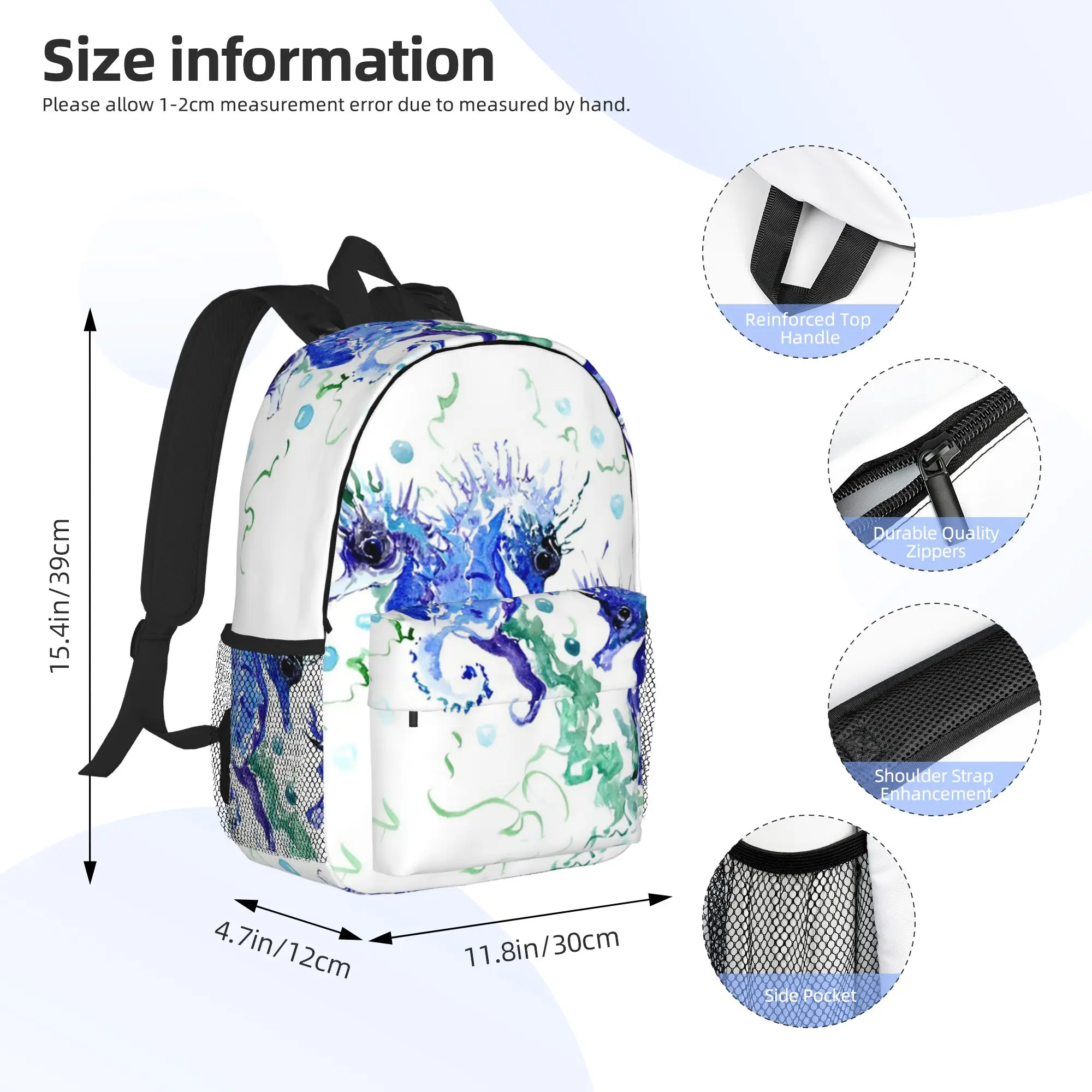 Blue Seahorses Backpack Hot Sale Daypack Large Capacity Boys Girls BookBag Shoulder Bags for Men Women School Bag