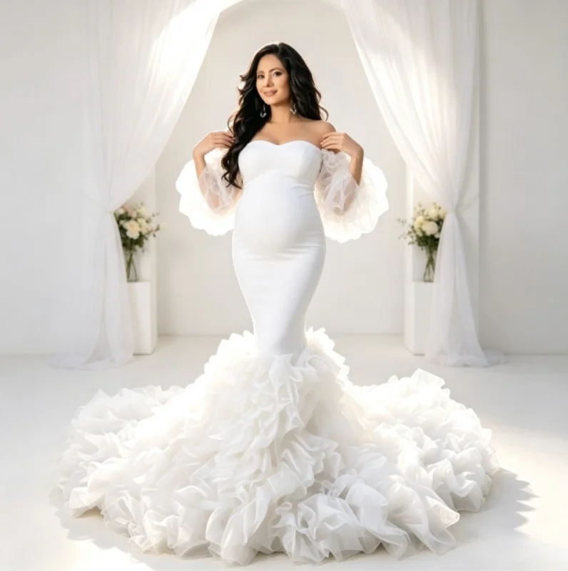 Mermaid Maternity Gown with Sweetheart Neck & Long Train – Fitted Pregnancy Dress for Baby Shower & Studio Photography