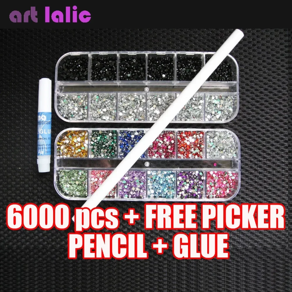 

6000PCs 2mm Rhinestones Gems for Nail Art DIY Shiny Decorations Free Marker Included Nail Art Supplies