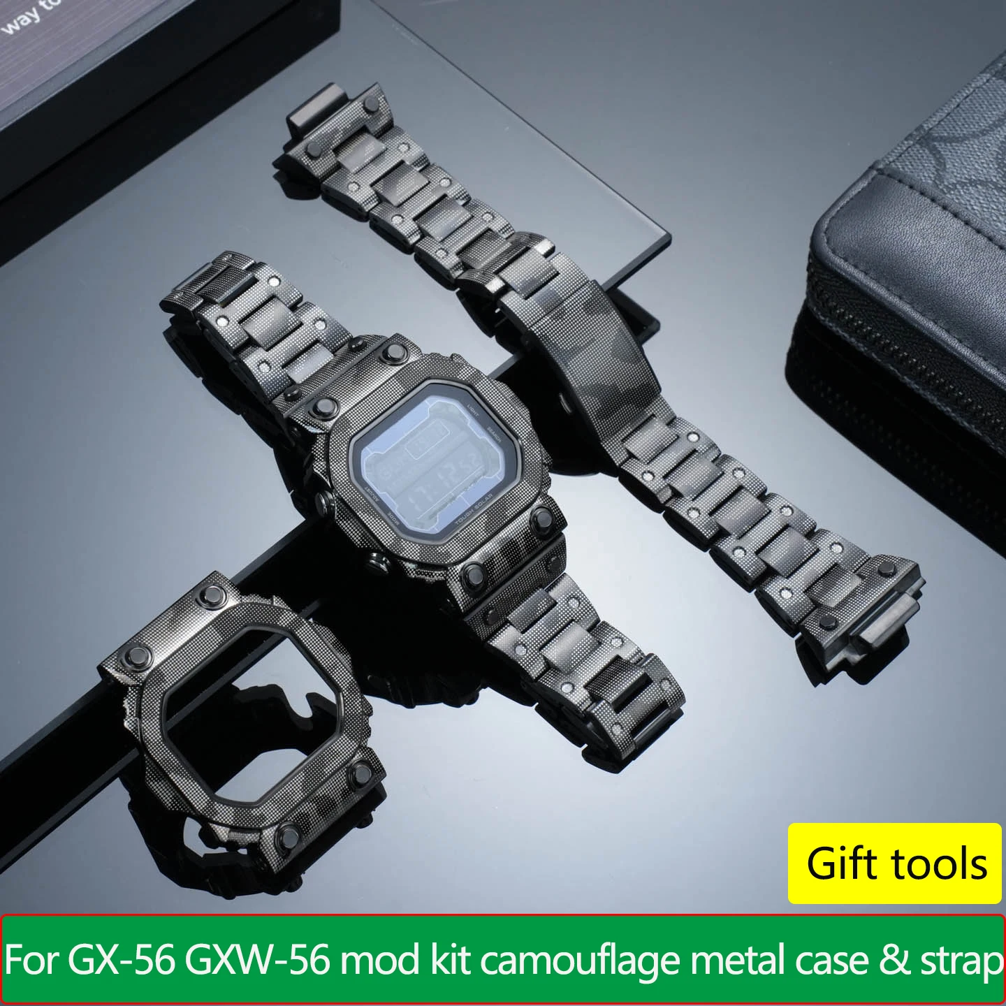 GX-56 Mod Kit for Casio Giant G Block Watch GX-56BB GXW-56 Metal Camouflage Case Stainless Steel Watchband (Send tools+screw)