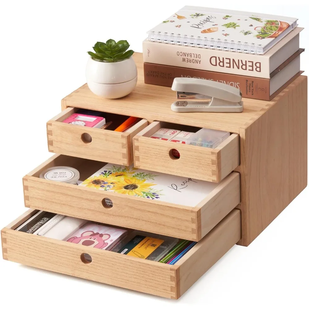 

Natural Wood Desktop Organizers with Drawers - Home Workspace Office Supplies Wooden Storage Box Shelf Case - Hold Makeup Box