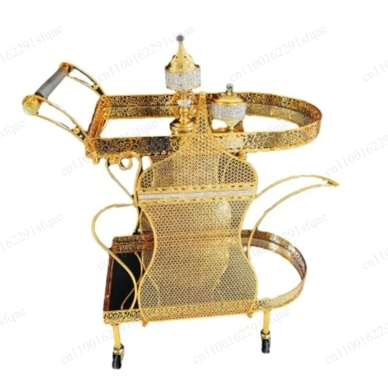 Ornate Lace-Cut Rolling Bar Cart,  3 Layer Luxury Gold Metal Spiral Serving Cart, Elegant Drinks Trolley for Hotel & Home Bar