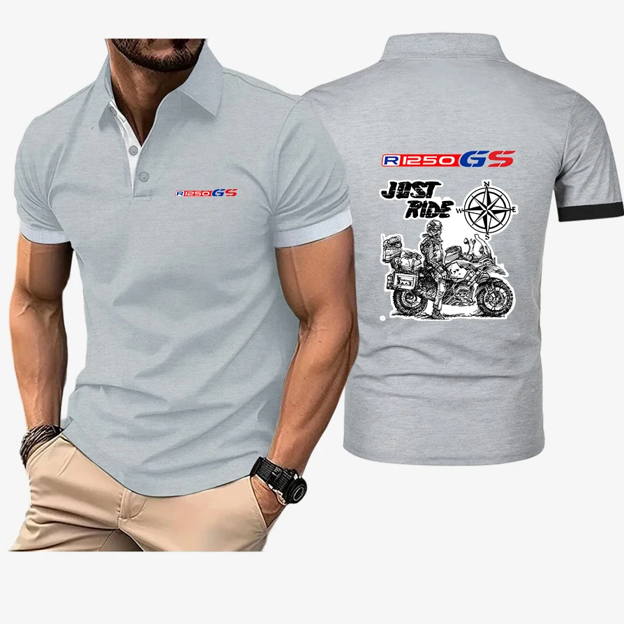 2026 Summer Motorcycle R1250 GS Print Men's New Brend Polo Shirt Short Sleeve Film Cotton Breathable Button Tops