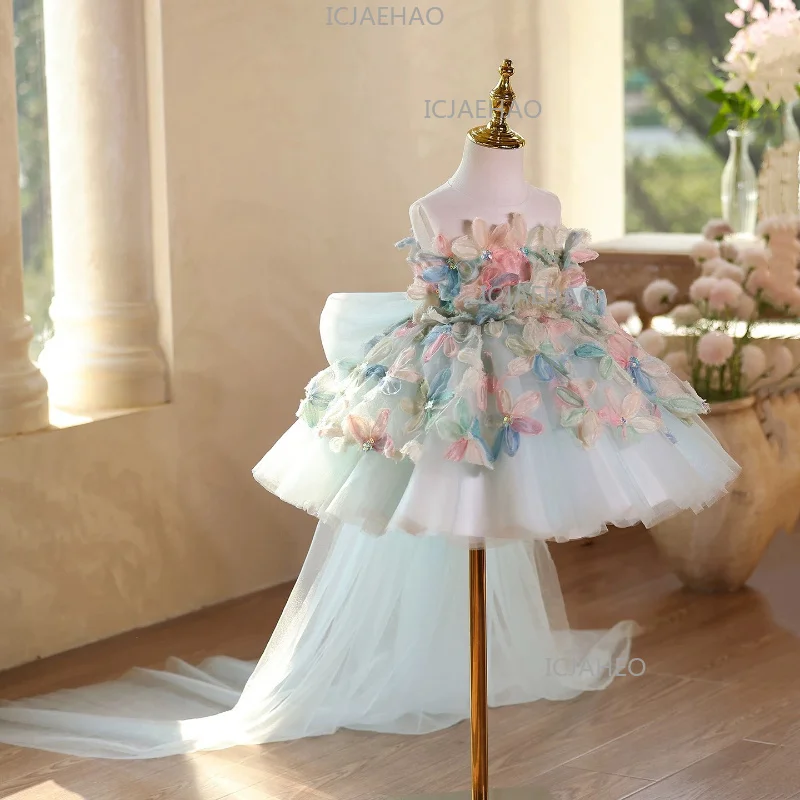 Girls Elegant Host Gown Piano Performance Pageant Birthday Party Banquet Kids Formal Light Blue Floral Princess Dress Children