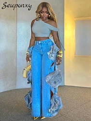 High Quality Women'S Denim Pants 2024 New Autumn Sexy High Waist 3D Flower Hollow Fashion Trend Solid Color Wide Leg Pants