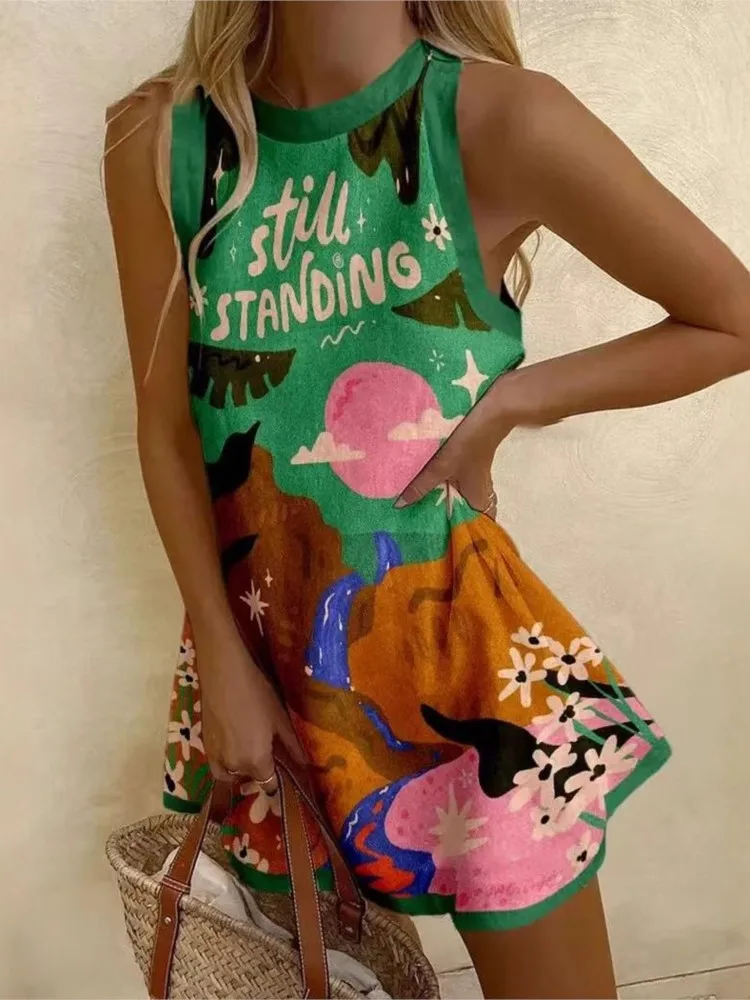 Nieuwe lente zomer damesjurken ronde hals mouwloos casual losse print jurken voor vrouwen vrouwelijk T-shirt 2025