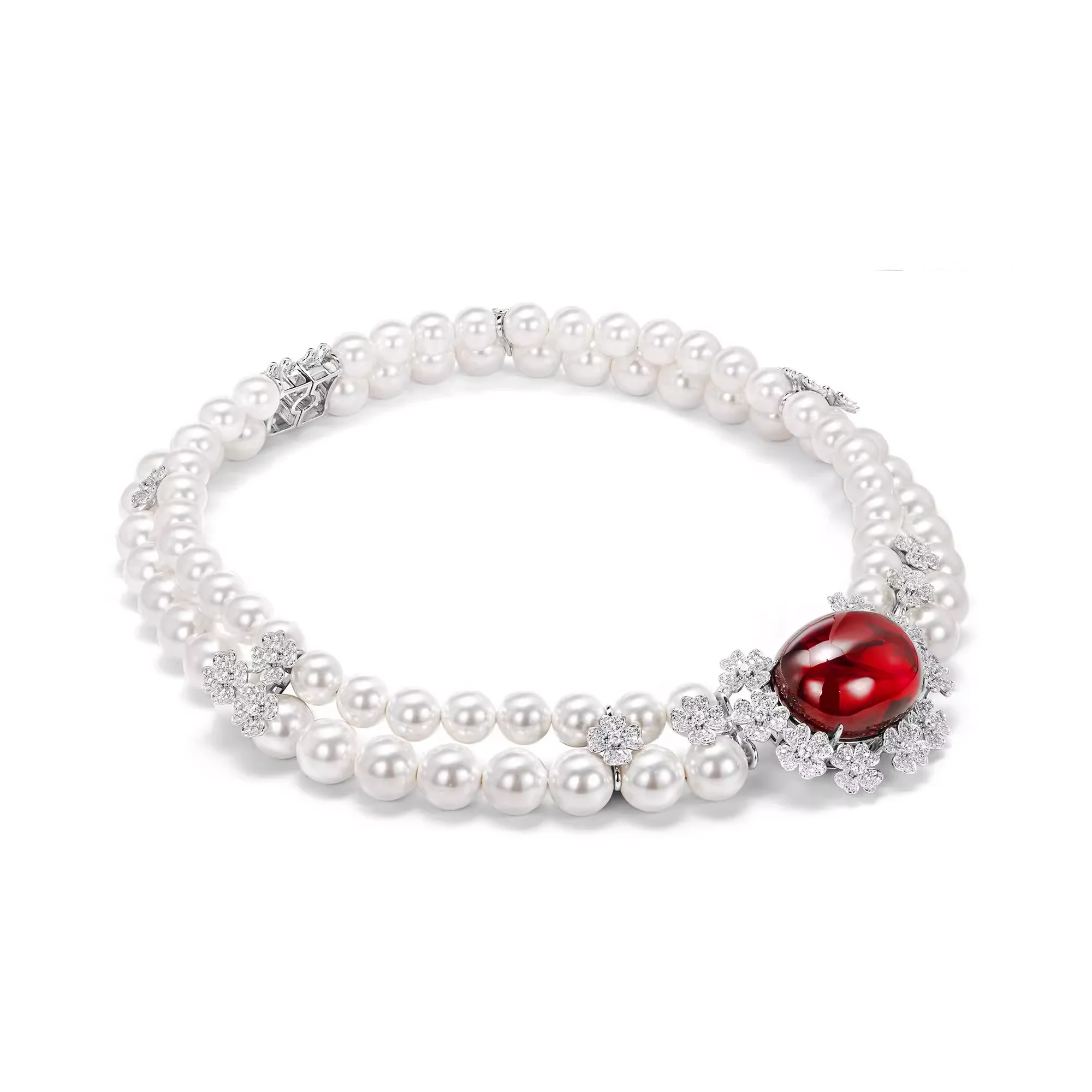 Bellux High Quality Real Silver 925 Synthetic Zircon Double Layer White Pearls Pigeon Blood Red Ruby Banquet Fine Necklace