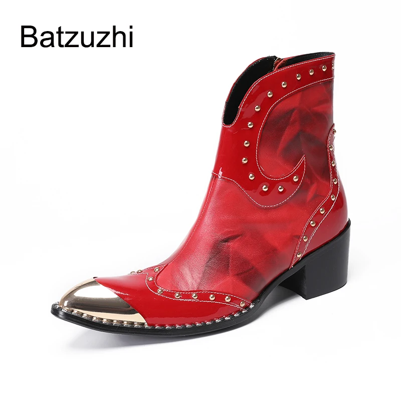 Botas cortas Batzuzhi Western Cowboy para hombre, botas de cuero rojas a la moda con punta de hierro puntiaguda para hombre, tacones de 6,5 cm.