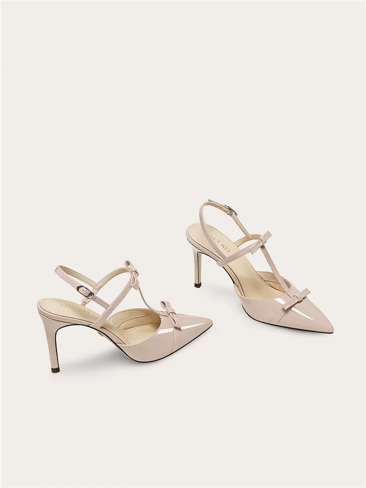Summer pointed patent leather bow fine strap small size sandals banquet large size widened version slim high-heeled women's shoe