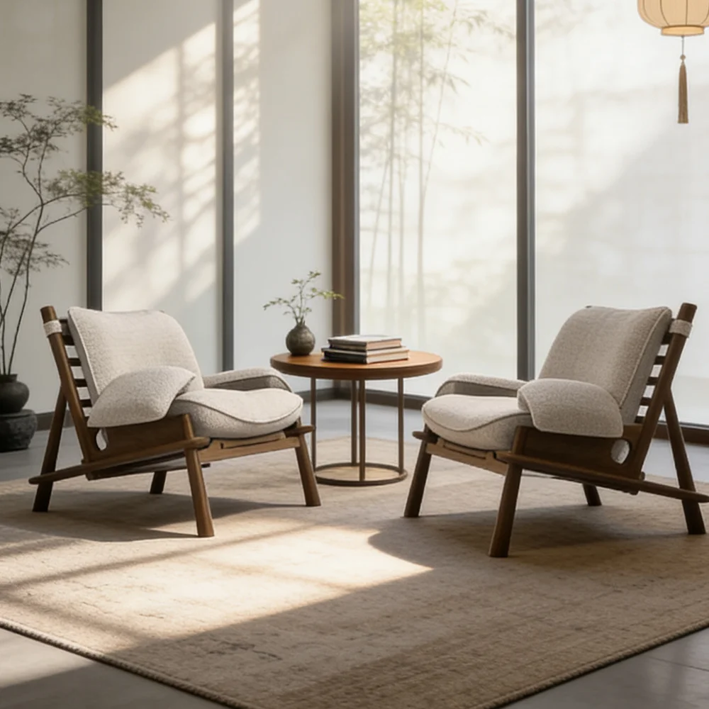 #Nordic Minimalist Single Sofa Chair Solid Wood Frame Fabric Upholstered Armchair Leisure