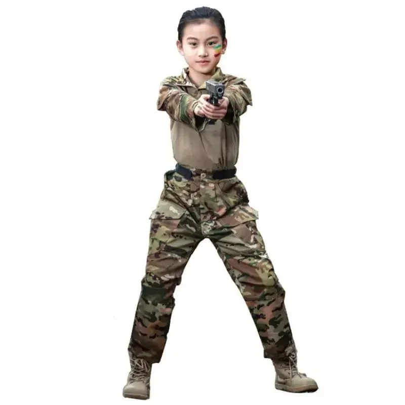 Uniforme militar do exército dos EUA para meninos e meninas, camuflagem airsoft, camisas de combate, calças, disfarce tático, trajes infantis, roupas, 120-160cm