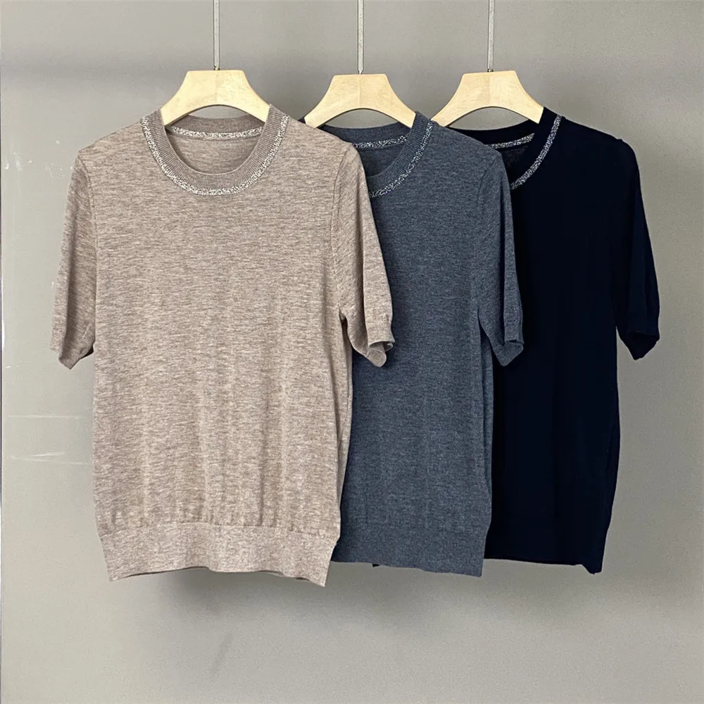 

25 Spring/Summer New Women's Round Neck Comfortable and Versatile Wool Knitted Short Sleeve Top
