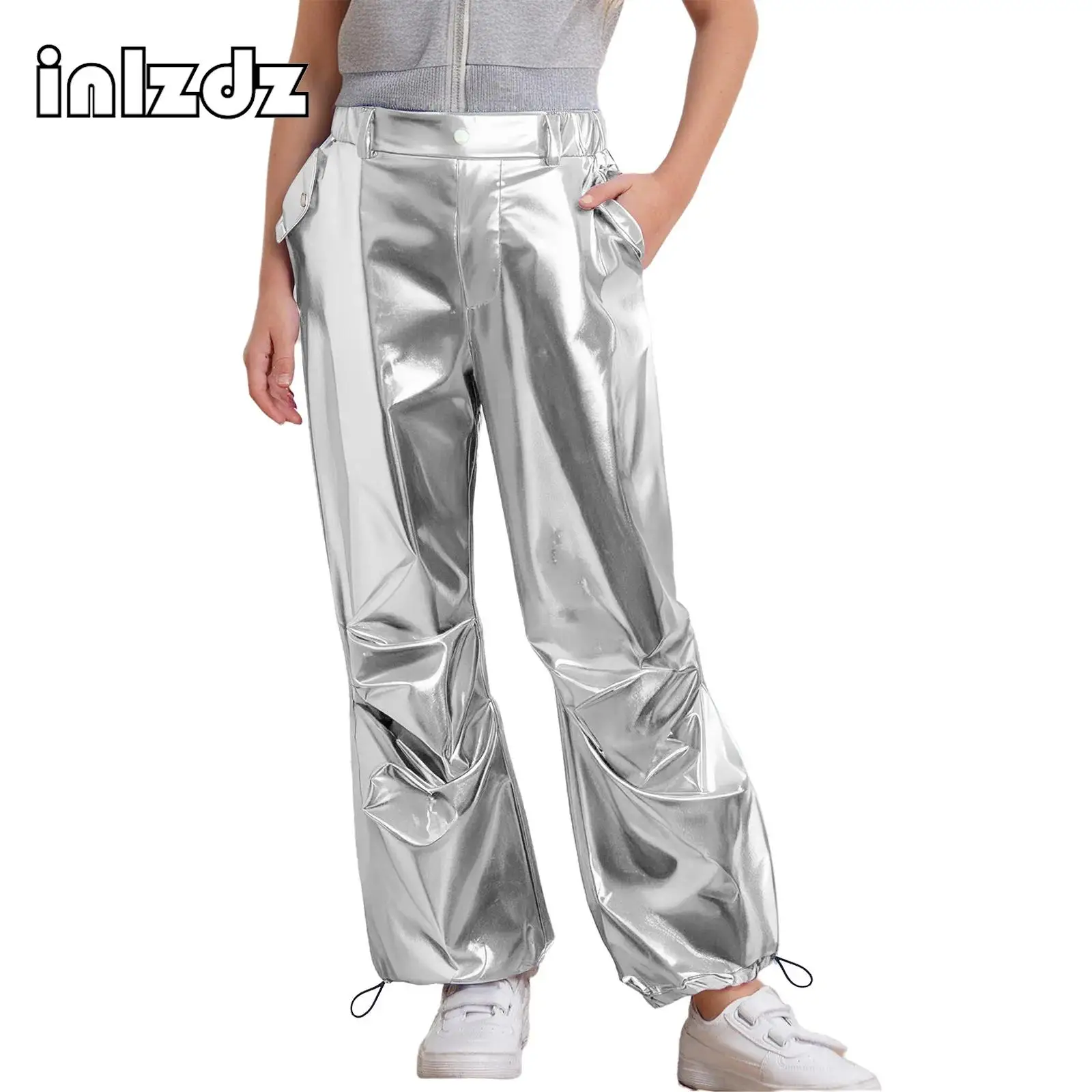 

Kids Girls Jazz Hip-Hop Dance Costumes Fashion Ruched Metallic Cargo Pants Drawstring Leg Opening Trousers for Stage Performance