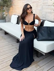 3 Pieces Bikini Sets Black Halter Swimsuit Women High-Cut Maxi Beach Dresses Bathing Suit Swimwear Cover up Skirt Beachwear S98