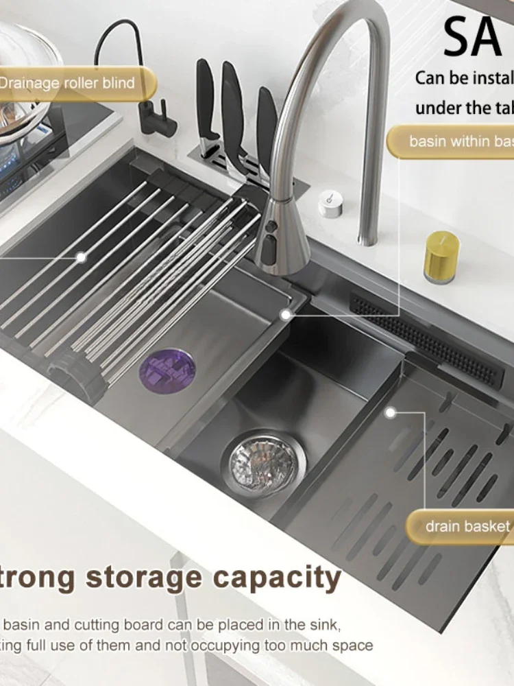 Steel Waterfall  Kitchen Sink Oversized Super Washing Basin Large Single Slot Multifunctional Washing Pond