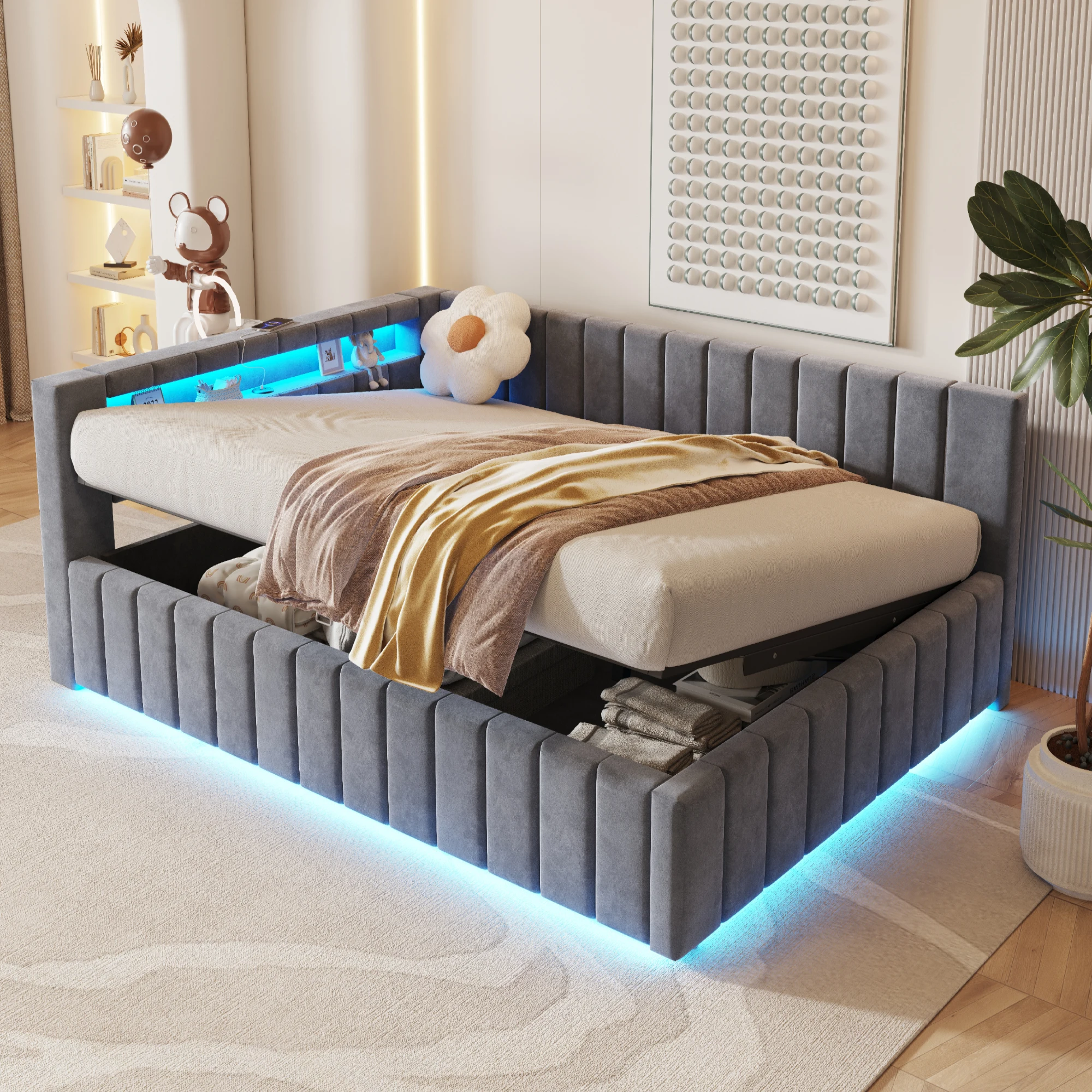 Lit coffre 140x200 cm - Lit avec sommier à lattes et ouverture hydraulique - Sans matelas - Velours gris foncé