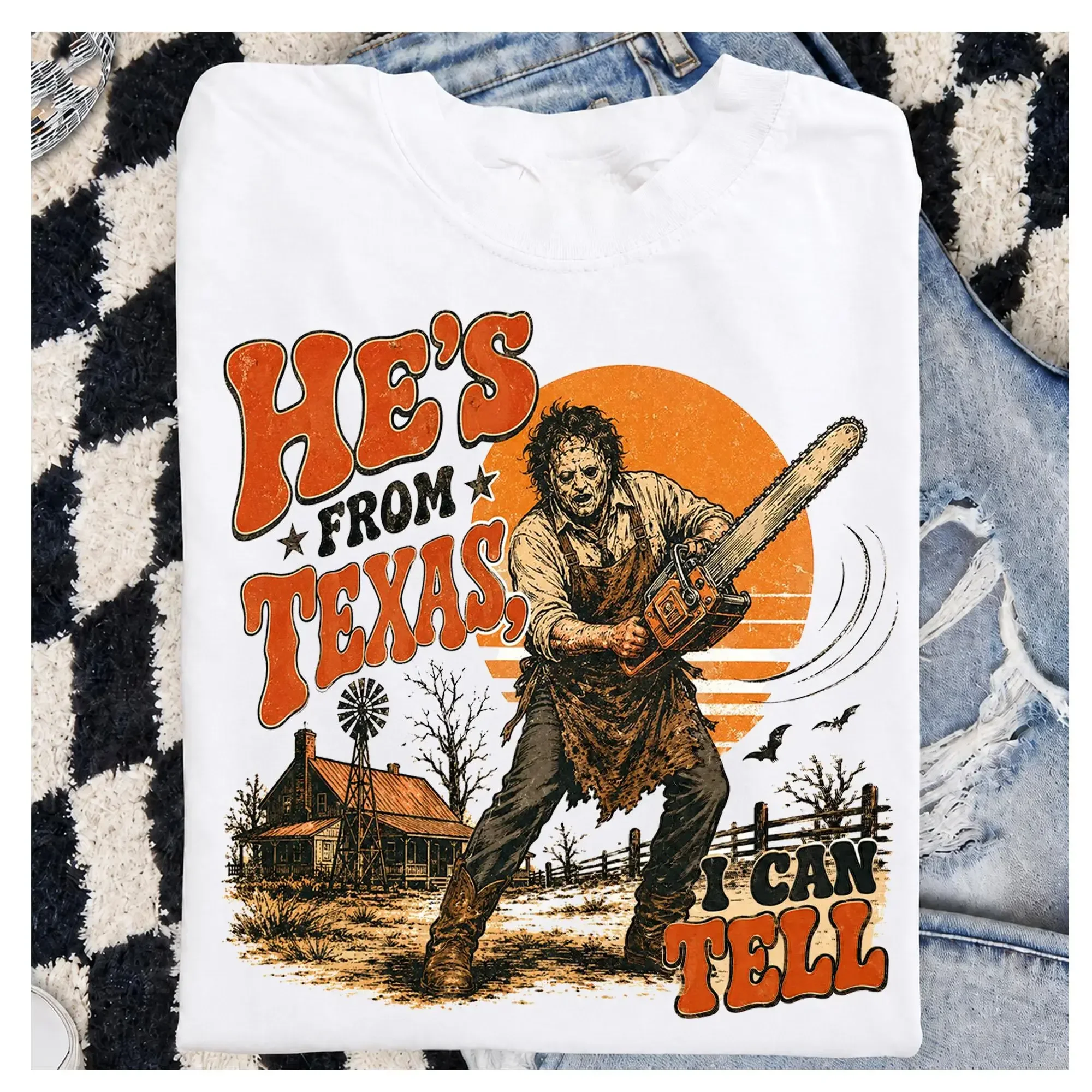He's From Texas I Can Tell Shirt, Chainsaw Horror Shirt, Halloween Slasher Tee, Texas Horror Graphic T-Shirt, Spooky Season Tee (1)