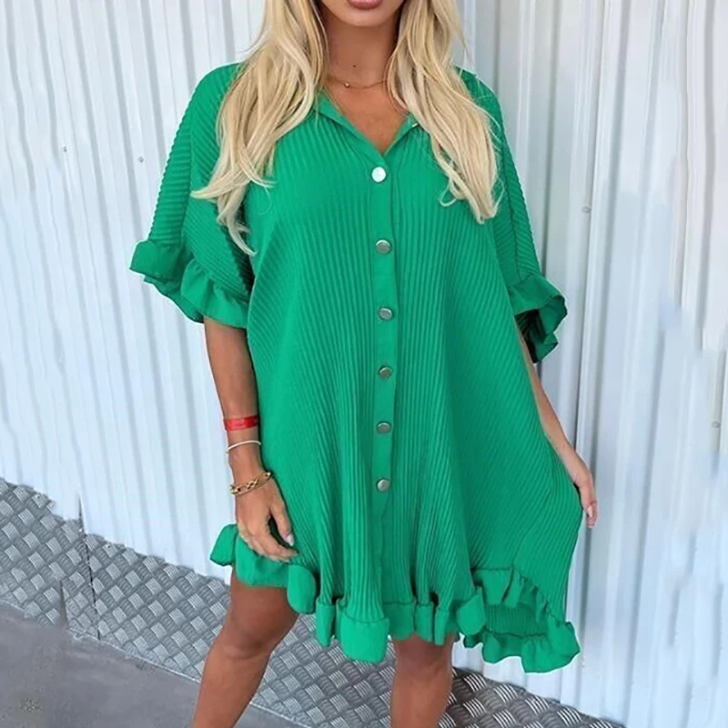 

Women Dress 2023 Summer New Solid Short Sleeve V-neck Ruffle Button Fashion Elegant Loose Casual Simplicity Female A-line Dress