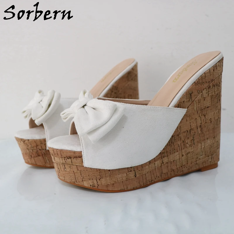 

Sorbern White Faux Suede Bowknot Wedge Slippers Comfortable Platform Cork Style Multi Color Open Toe Slides Female Shoes