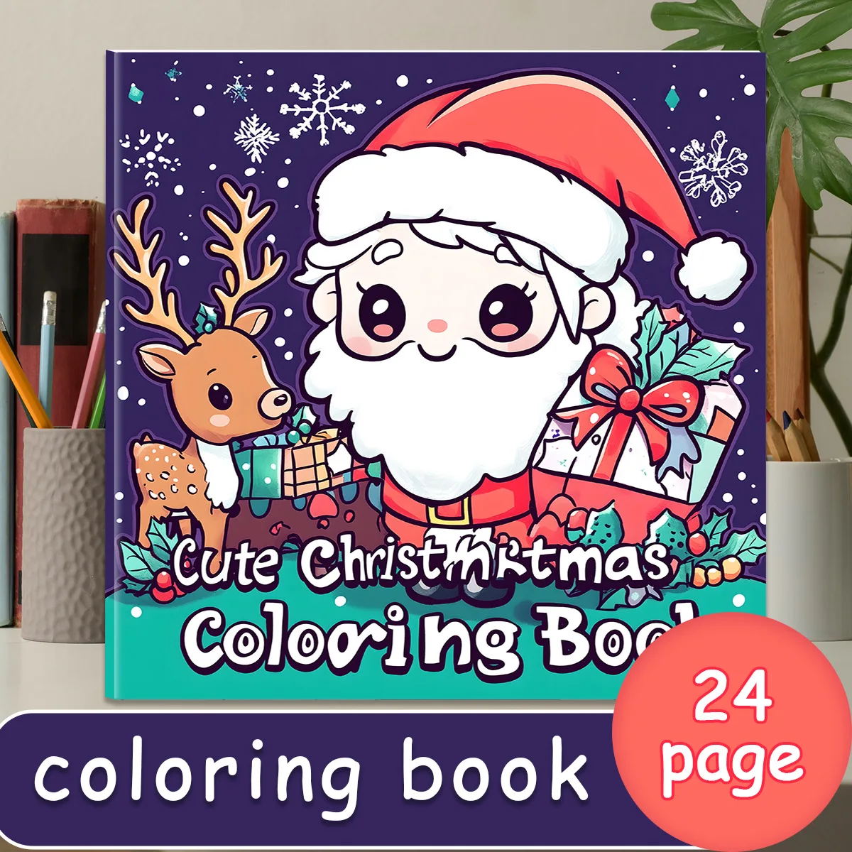 Kawaii Cute Christmas Coloring Book Cartoon Santa Deer Holiday Scene Art Gift For Kids Girls Boys