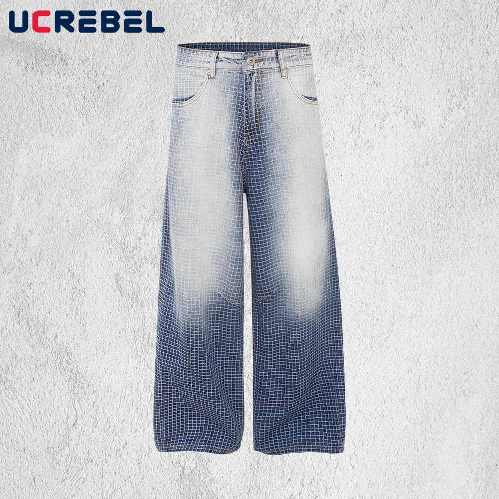 Gradient Dyed Plaid Jeans Mens Pocket High Street Washed Distressed Baggy Wide Leg Denim Pants Man