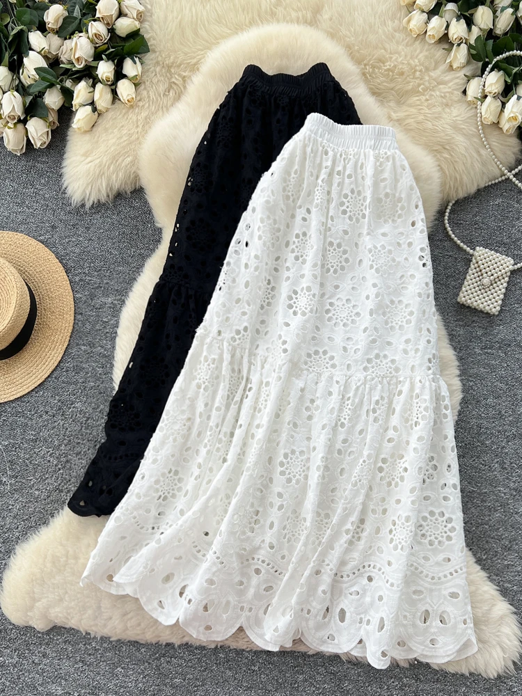 

Ele Hollow out Embroidery High Waist Slim A-Line Midi Skirt Versatile Ci Commute French Sle Polyester Fiber 2025 Autumn