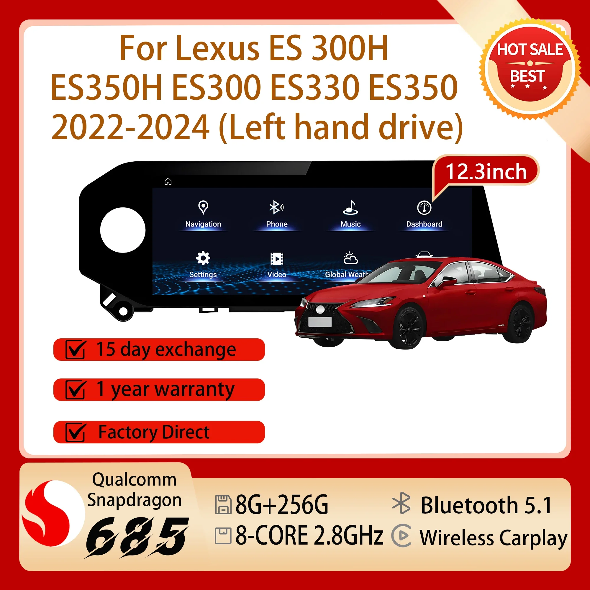 12.3 inch Car Radio Multimedia Screen For Lexus ES 300H ES350H ES300 ES330 ES350 2022-2024 Carplay Android 14 Snapdragon 680 GPS