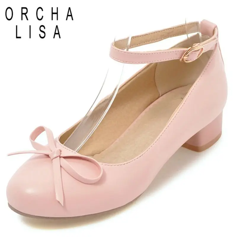 

ORCHA LISA 2025 Sweet Women Pumps Round Toe Thick Heels 3cm Buckle Strap Bowknot Large Size 41 42 43 44 Mary Janes Dating Shoes