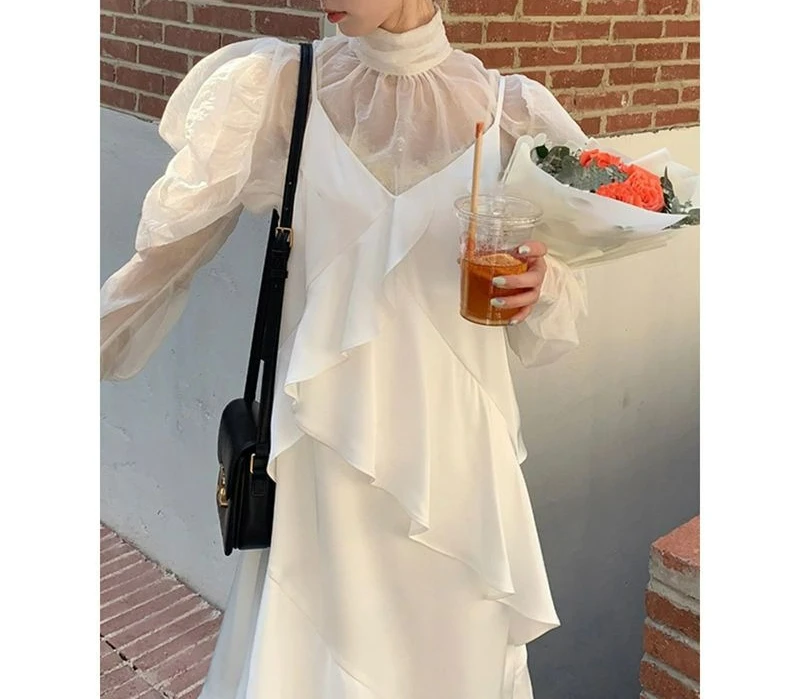 

New Fashion Trend Fashionable Ruffle Edge White Suspender Dress Two-piece Set