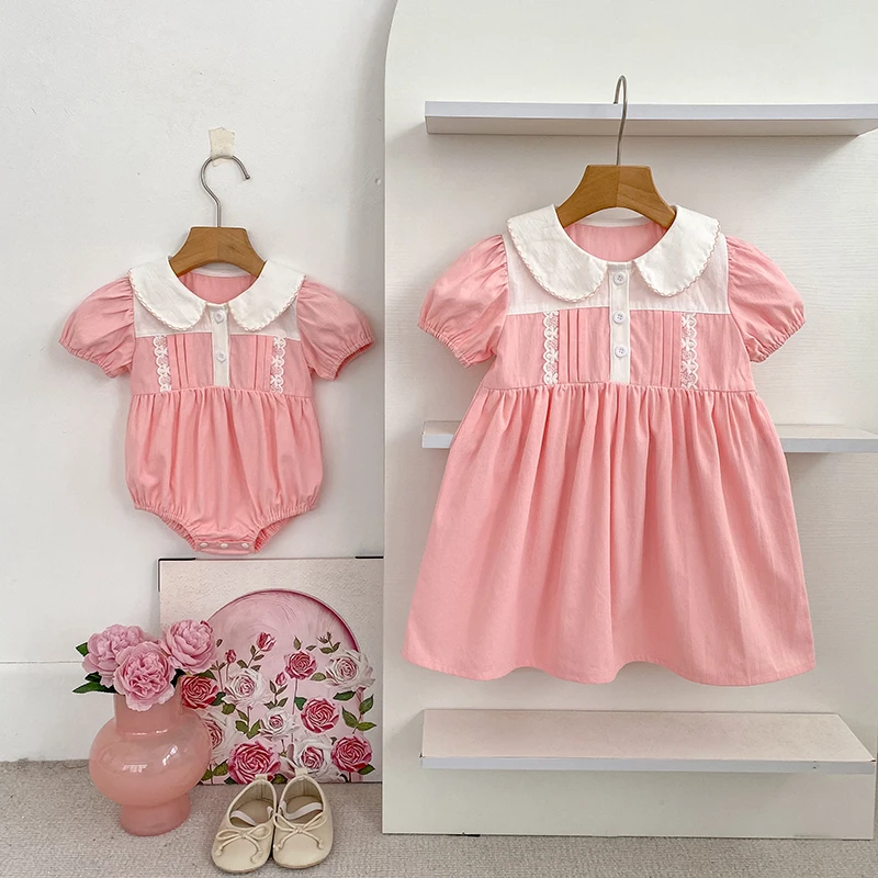 Fashion New Summer 0-24M Baby Romper Short Sleeves Cotton Baby Girl Pink Bodysuit 2-6Yrs Kids Princess Dress Sister Dress