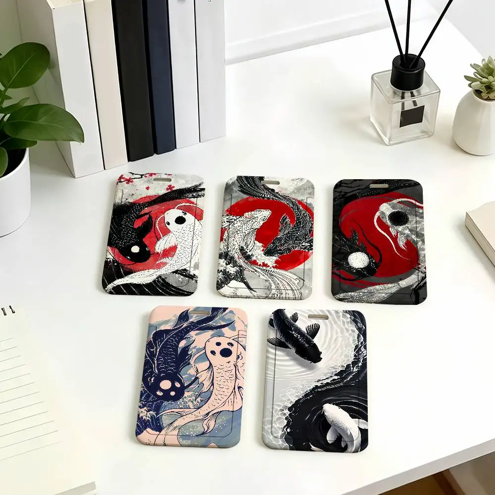 Black White Fish Badge Card Holder Student ID Case Daily Use Subway Commute Work Cover Office School Bus Protector