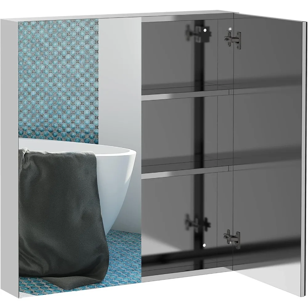 

Bathroom Mirrored Cabinet, 24x26 Stainless Steel Frame Medicine Cabinet, Wall-Mounted Storage Organizer with Double