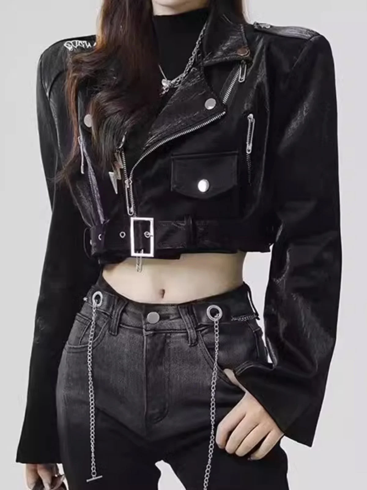 Jaqueta de Couro Sexy para Mulheres, Estilo Fashion, Doce e Picante, Jaqueta de Couro PU com Zíper