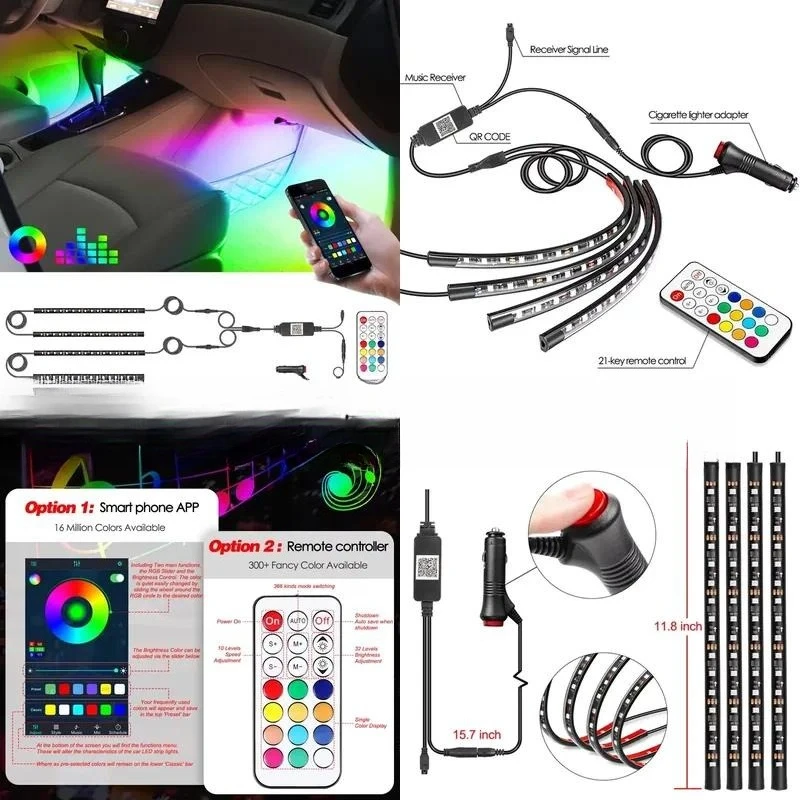 LED Car Interior Strip Lights with Remote and App Control 12V for Cars Trucks