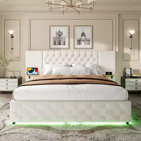 LVHOM Modern Bed Frame with Wide Headboard, LED Lights, USB Ports, Hydraulic Lifting System and Large Under-Bed Storage Space