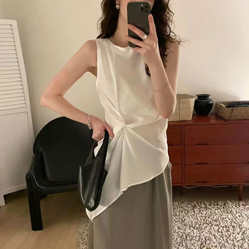

Neploe Korea Chic O Neck Straight Crop Top Solid Pullover Office Lady Irregular Sleeveless Mujer Ruched All-match Literary Shirt