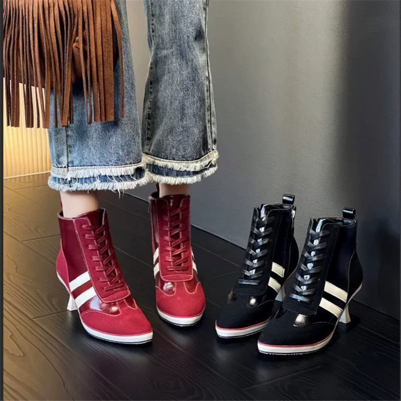 Spring new pointed thin heel high top fashion canvas short boots casual versatile lace up large size high-heeled women's shoes