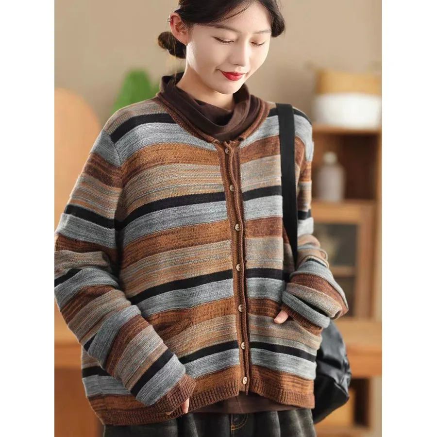 Women's Vintage Color Blo Striped Knitted Open Cardigan Long Sve Single Button Sweater Outerwear Top Spring Autumn
