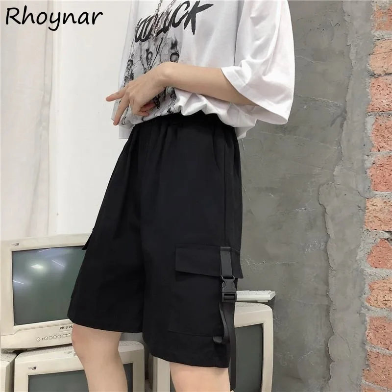 

Shorts Women Solid Simple All-match Leisure Unisex Couples Elastic Waist Pockets Trendy Designed Korean Fashion Summer College