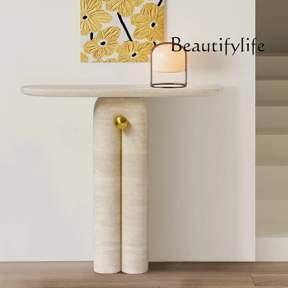 BJ Travertine Entrance Table Is Opposite The Door, And The Home Is Against The Wall. French Light Luxury House Xuantai