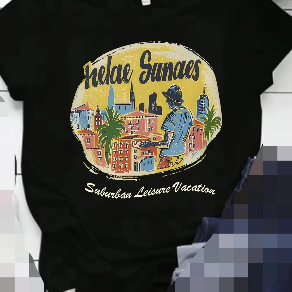 2026 New Cool Suburban summer Leisure Vacation T Shirt Unisex Retro City Scene Print Tee Tropical Style Casual Short Slee s-5xl