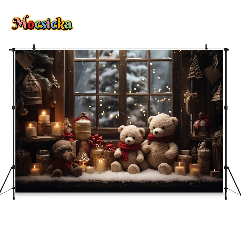 Christmas Window Decor Gift Booth Backdrop New Year\'s Eve Teddy Bear Candle Background Photography Kids Photo Studio Supplies