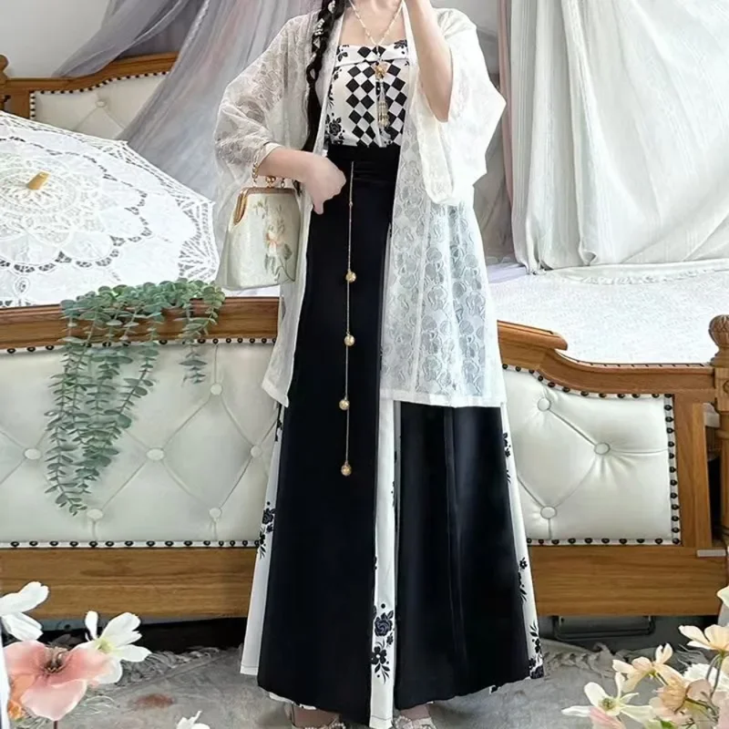 Improve Song Dynasty Hinese Dress Woman Traditional Chinese Kimono   Tank Top   Skirt  Women Modern Black and White Hanfu Outfit