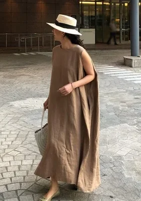 

S-XL Korean Style Cotton Linen Women Dress Casual Sleeveless Vestidos Female O Neck Split Maxi Robe Sundress 2025 New