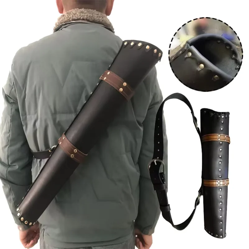 Quiver Arrow Back - Mittelalterlicher PU-Leder-Schulter- und Rücken-Pfeilholster, Wikinger-Ritter-Jäger-Pferde-Reiter-Nomaden-Jagd-Bogenschießen-Cosplay-Zubehör