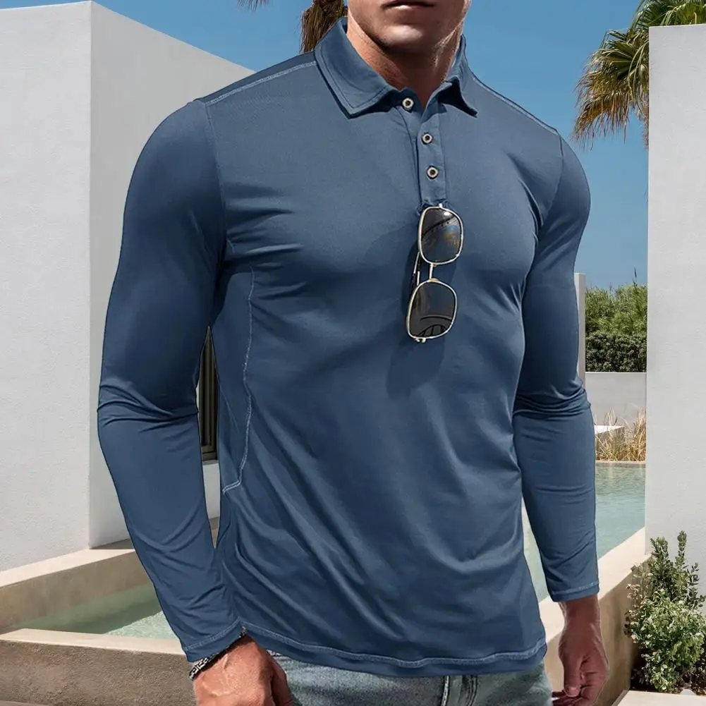 

Men Spring Fall Shirt Buttoned Turn-down Collar Long Sleeves Slim Fit Quick Dry Pullover Thin Fitness Outdoor Training Top