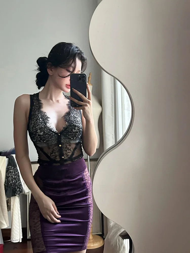 

Strive Umei Pure Desire Lace V-neck Tank Top High-waist Women's Summer Sexy Lady Set Korean Style Fashion plus Size Outfit